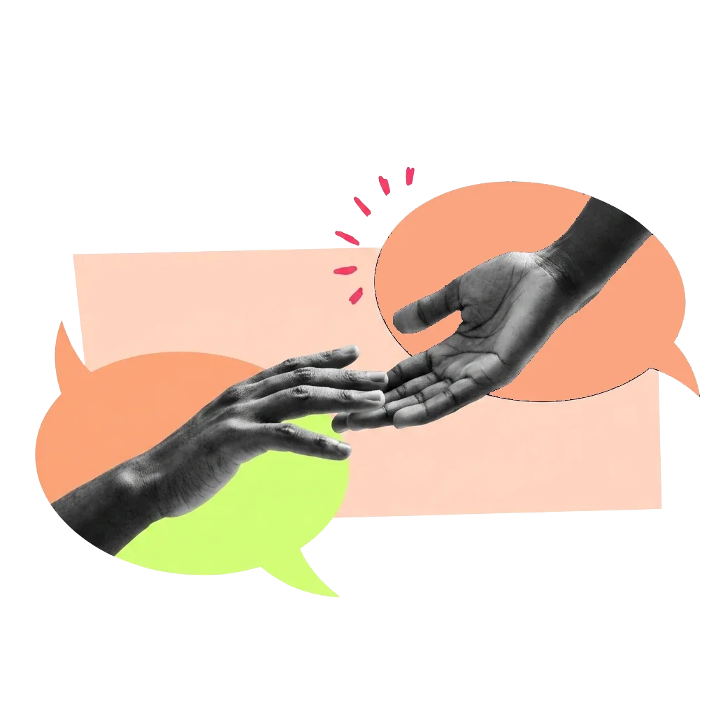 Two hands reaching towards each other over peach and lime speech bubbles