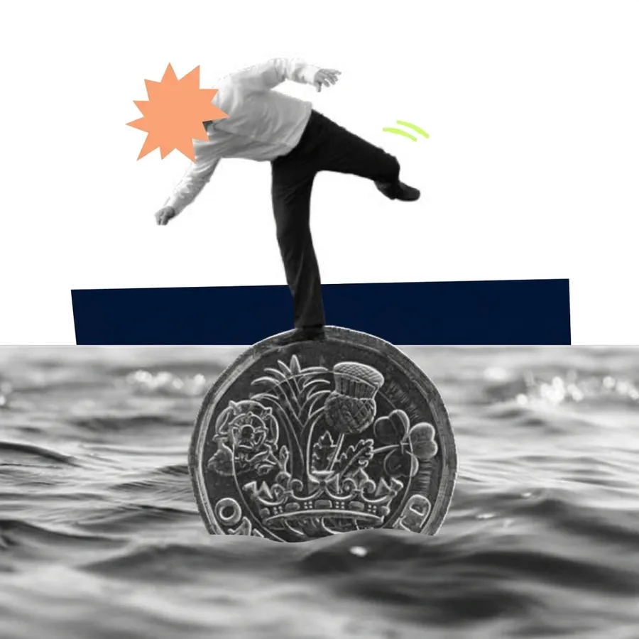 A man balancing on one leg on a pound coin in choppy water